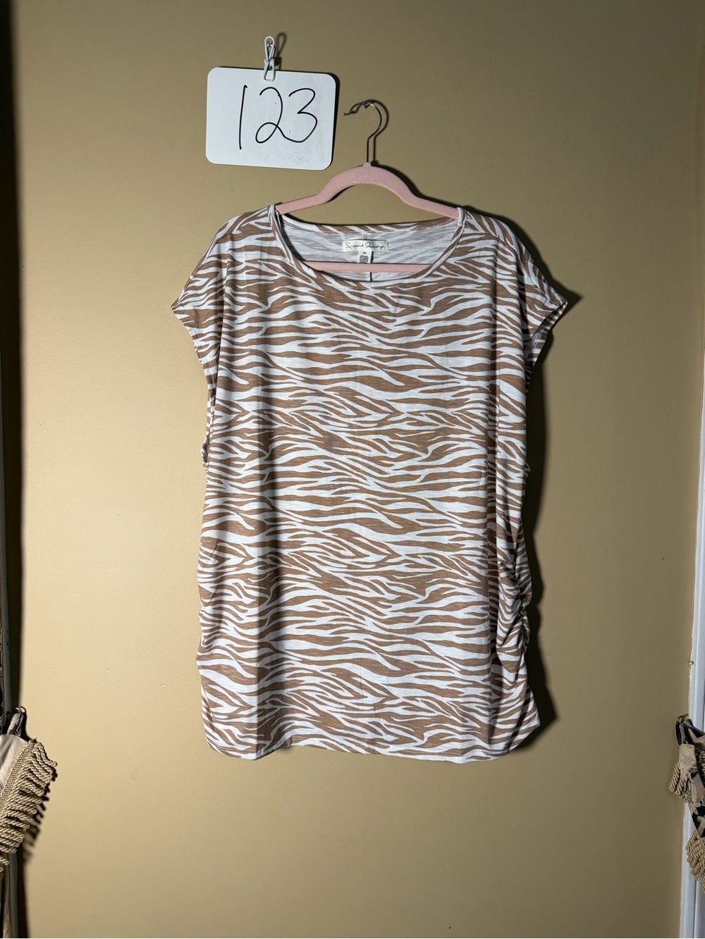French Laundry Beige and White Zebra-Print Short Sleeve Tee